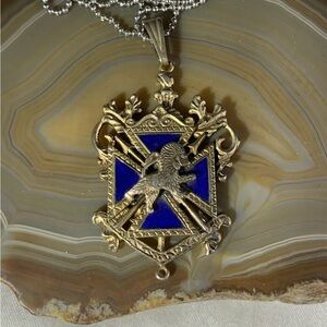 Antique Blue Enamel Maltese Cross Lion Crown Coat of Arms Medal Pendant.